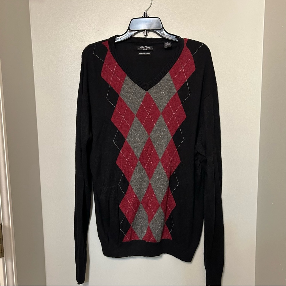 Alan Flusser Sweater Vest Mens L Argyle Diamond silk rayon Cashmere‎ Golf V-Neck
